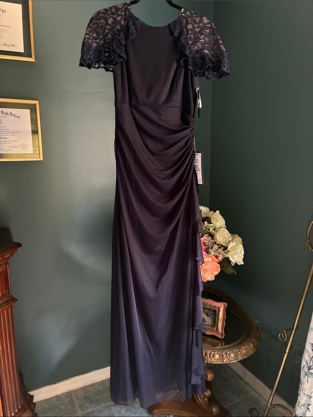 Betsy & Adam Navy Lace-Shoulder Evening Gown - Picture 3 of 10